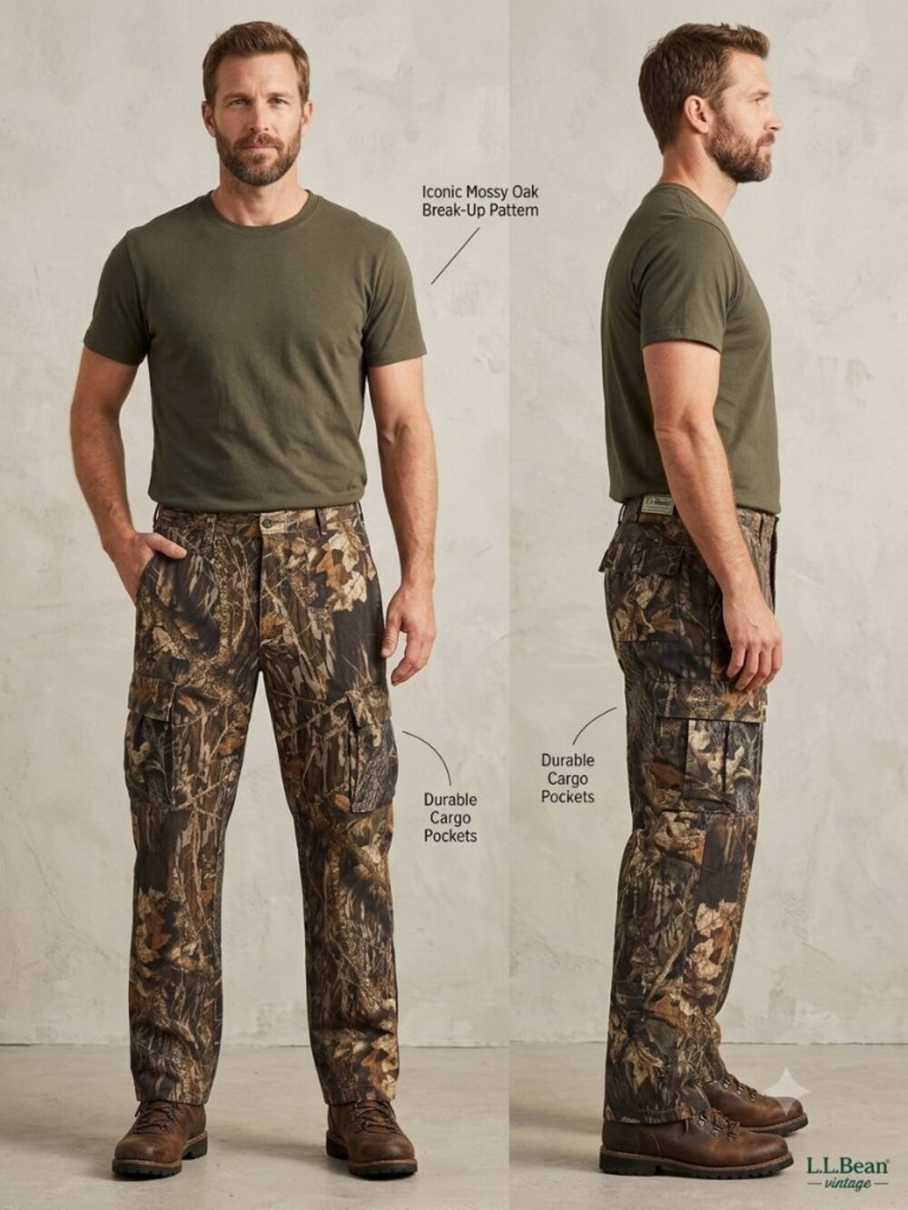 LL Bean Vintage Freeport Maine Mossy Oak Break Up Camo Brown Green Cargo Pants
